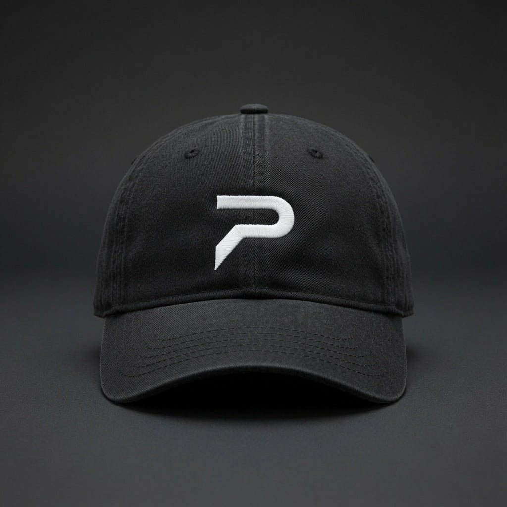 PRIME black cap, white embroidered P — front view