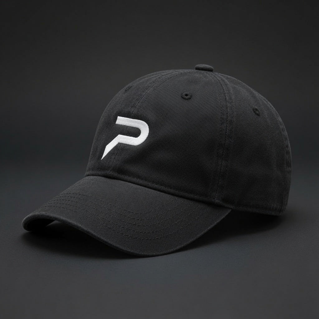 PRIME black cap, white embroidered P — front angle
