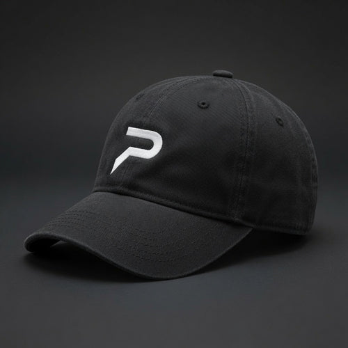 PRIME black cap, white embroidered P — front angle